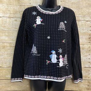 Alfred Dunner Size PM Sweater Holiday  Pullover Black White Snowmen Petite Med